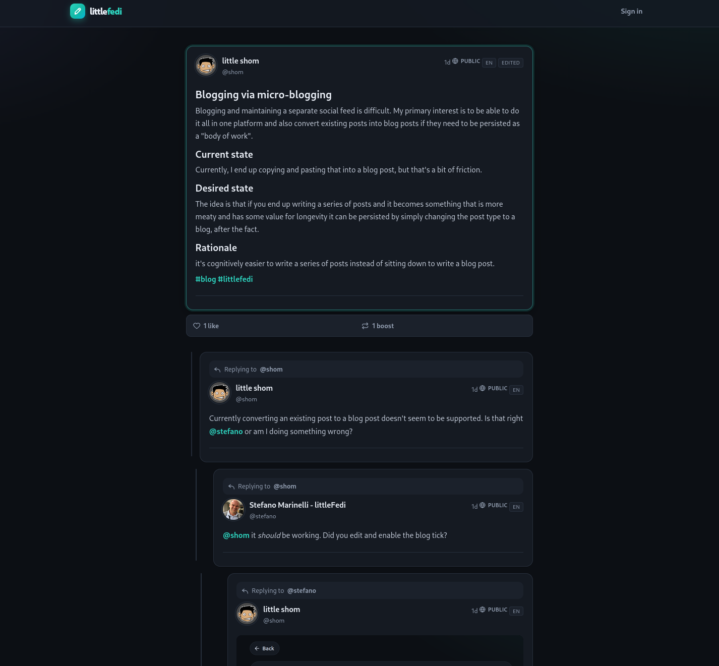 "Screenshot of littleFedi default teal and black theme showing a social post with nested comments and likes and boosts metadata
