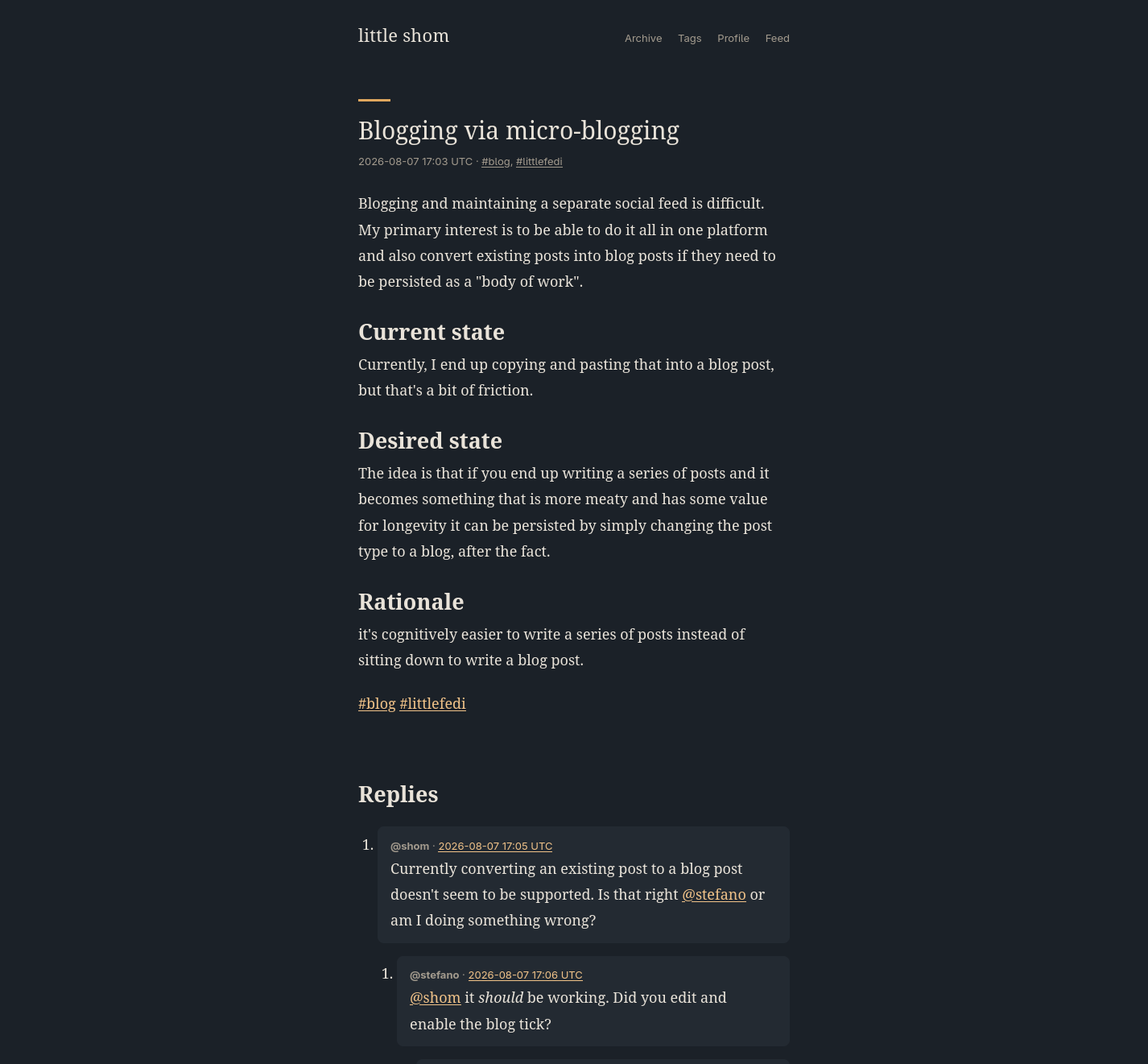 Same post as a static blog" alt="The same content has been rendered into a distinct blog interface and the comments from the fedi post are displayed as nested blog comments.