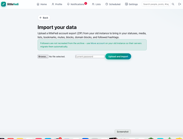 screenshot of a littlefedi "import data" window explaining that it wants a *zip file