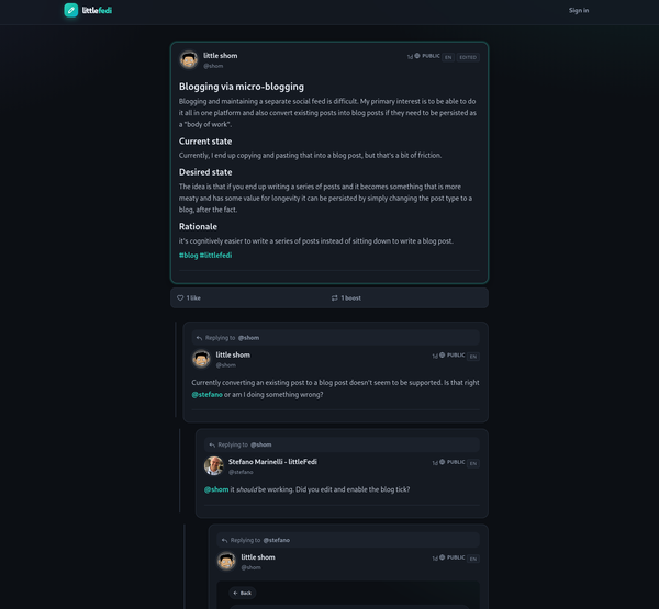 "Screenshot of littleFedi default teal and black theme showing a social post with nested comments and likes and boosts metadata