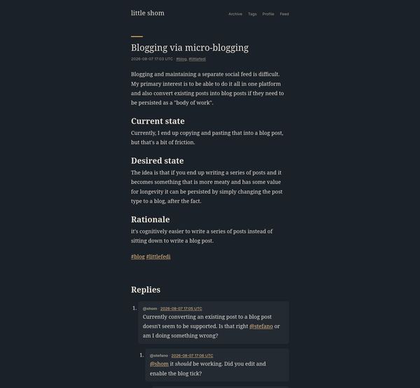 Same post as a static blog" alt="The same content has been rendered into a distinct blog interface and the comments from the fedi post are displayed as nested blog comments.