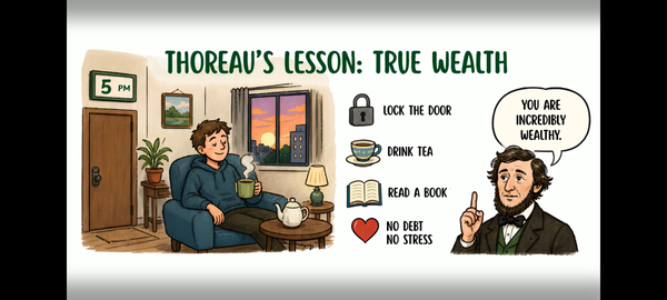 Illustration of a young man sitting in a comfortable armchair, smiling. Above it the title reads: "Thoreau's Lesson", in the middle: "Lock the door at 5 pm, drink tea, read a book, no debt, no stress." On the right side an illustration of Thoreau and a speech bubble that reads: "You are incredibly wealthy."