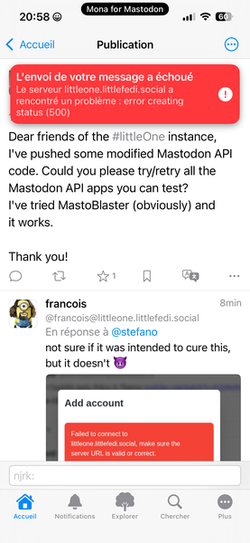 Screen capture of Mona Classicnon IOS with the error message : error creating status (500)