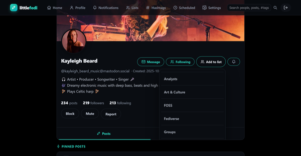Screenshot of Kayleigh Beard’s Mastodon profile on Littlefedi. The header shows a musician performing live with warm stage lighting and microphones. Her circular avatar is a portrait photo. Her bio reads: ‘Artist • Producer • Songwriter • Singer’, describes her music as ‘Dreamy electronic music with deep bass, beats and high energy’, and notes she ‘Plays Celtic harp’. Stats show 234 posts, 219 followers, and 213 following. A dropdown menu is open under ‘Add to list’, showing categories: Analysts, Art & Culture, FOSS, Fediverse, Groups.