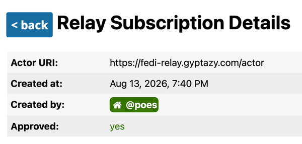 gotosocial Relay Subscription Details: subscribe to gyptazy relay