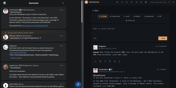 Screenshot of the timeline in phanpy (left) and littleFedi (right) next to each other in Vivaldi browser.