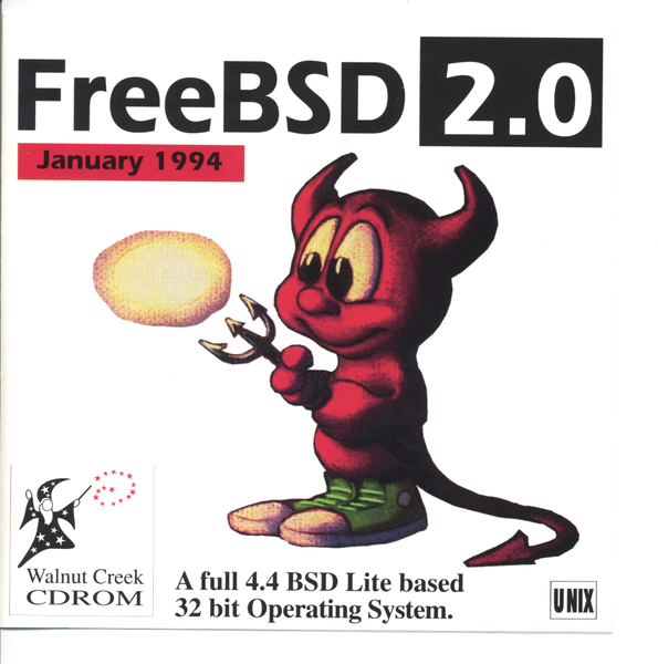 Image of the "incorrect" cover art for the FreeBSD 2.0 CDs, featuring the text "January 1994" instead of "January 1995." It shows Beastie holding a trident and wearing green sneakers. It reads: "FreeBSD 2.0" A Full 4.4 BSD Lite based 32-bit operating system