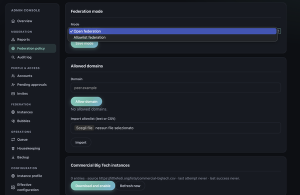 Screenshot of littleFedi’s Admin Console on the “Federation policy” page. The interface shows the federation mode selector with “Open federation” and “Allowlist federation” options, controls for adding or importing allowed domains, and a section for downloading and enabling the predefined “Commercial Big Tech instances” list.