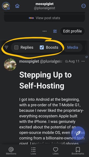 Dark-mode screenshot of the Phanpy profile page for @pluvialgeist@littleone.littlefedi.social. A yellow circle highlights the tab bar showing three tabs: Replies (unchecked), Boosts (checked and active), and Media. Below, a post titled ‘Stepping Up to Self-Hosting’ begins with text about starting on Android with a T-Mobile G1 and moving toward open-source mobile OS options.