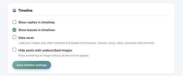 Screenshot of the "Timeline" settings menu in littleFedi, showing checkboxes for timeline preferences, including "Hide posts with undescribed images".