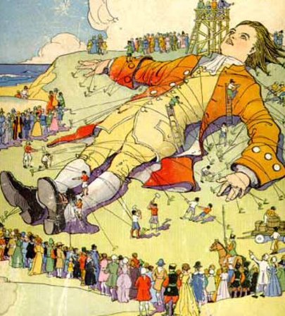 Ilustración de Gulliver en Liliput.