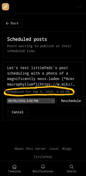 Screenshot of little one's "scheduled posts" tab showing a post scheduled for 9/6. The scheduled posting date and time have been circled in yellow.