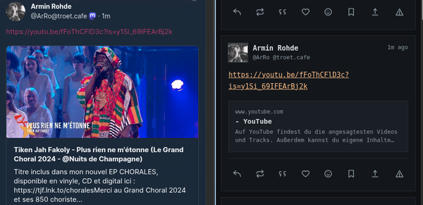 Comparison between disroot (akkoma) and littlefedi of a post that contains a youtube-link.