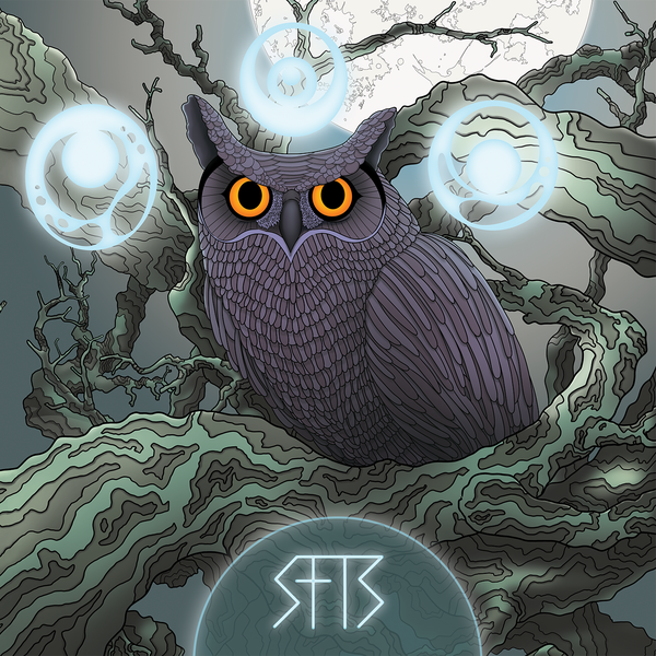 Album cover for "Fuck The Sun" by Stone From The Sky. A stylized grey great horned owl with vivid orange eyes perches among gnarled blue-green tree branches. Three glowing pale-blue orbs float around it beneath a large cratered white moon. The runic SFTS logo glows faintly below.