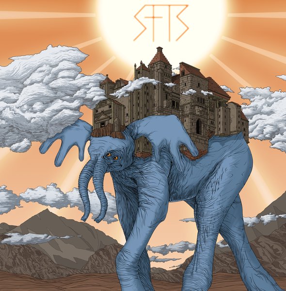 Album cover for "Break A Leg" by Stone From The Sky. A surreal illustration of a giant blue many-trunked elephant monster carrying an ancient stone monastery on its back, walking through a desert landscape lit by a blazing sun, with rocky mountains in the distance. Wispy clouds swirl past and the runic SFTS logo shines in the white sun overhead.
