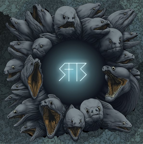 Album cover for "Songs From The Deep" by Stone From The Sky. A ring of snarling grey moray eels with sharp teeth coils around a dark central void, forming a wreath of toothy maws. The glowing pale-blue SFTS logo floats in the center.