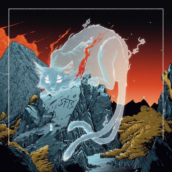 Album cover for "Bakeneko" by Stone From The Sky. A huge spectral white cat with glowing eyes leaps over jagged mountain rocks under a burning orange-and-red sky. A tiny robed figure stands below on a path near a stream, with "SFTS" carved into the rock face.