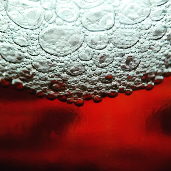 Makrofotografie durch die geschlossene Flasche, in der im unteren Bereich die rote Flüssigkeit der Mate zu sehen ist und darüber Luftblasen vor dem weißen Hintergrund durchschieinen.