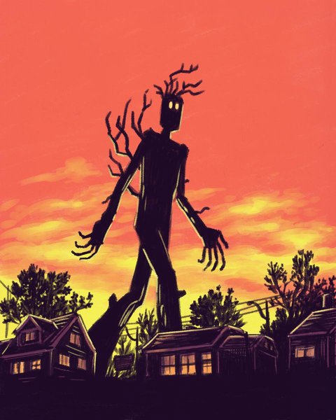 A huge anthropomorphic tree person striding along in silhouette against a fiery orange sunset backdrop. There are trees on the ground below and three small houses.