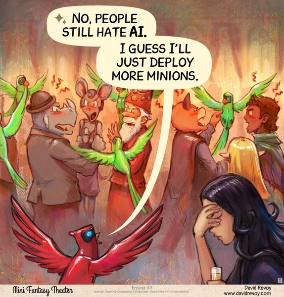 Panel 4. In a similar shot, the crowd is now furious, screaming at the minions. The Parrot remains optimistic while Cepper is facepalming.  
> Parrot: "No, people still hate AI. I guess I'll just deploy more minions."  