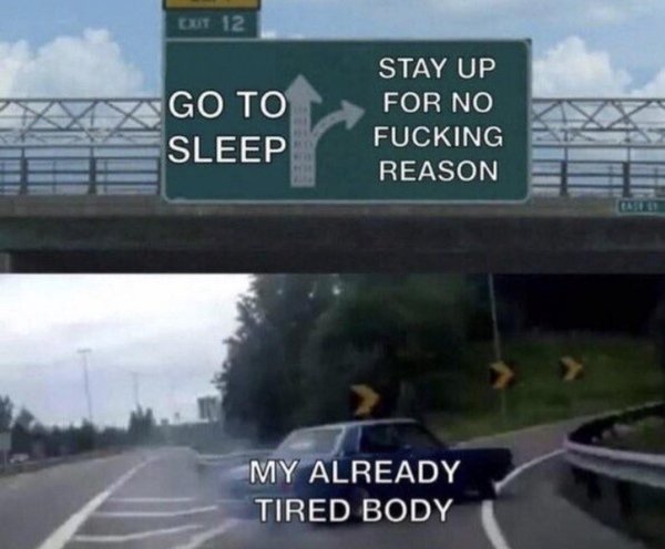Car on freeway skidding to an off ramp.  

Freeway sign has going straight as “go to sleep” and turn right as “stay up for no fucking reason”

The car is skidding at “stay up for no fucking reason” and the car is labeled “my already tired body”