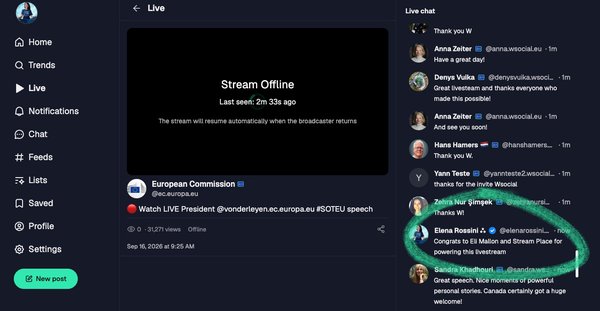 a screenshot of the W Live interface inside W Social. I could log in with my Bluesky account and posted the comment "Congrats Eli Mallon and StreamPlace for powering this livestream