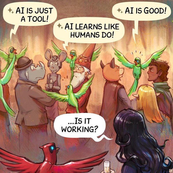 Panel 3. A similar shot to the previous panel, but now people are growing angry at the minion parrots who interrupted their discussions. Cepper and her AI parrot simply observe the scene.  
> AI Parrot minion (1): "AI is just a tool!"  
> AI Parrot minion (2): "AI learns like humans do!"  
> AI Parrot minion (3): "AI is good!"  
> Cepper: "...Is it working?"  