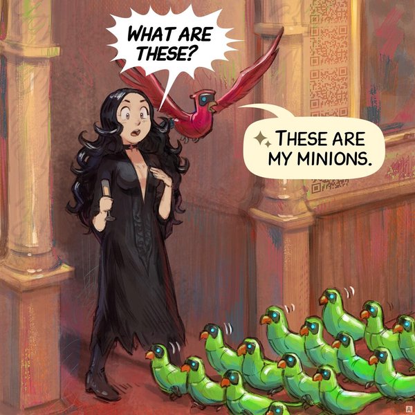 Panel 1. Cepper, the gothic witch, is stunned to see a small army of Avian Intelligence (AI) parrots walking down the red carpet toward the university's reception room. Behind her, her own AI parrot flies overhead.  
> Cepper: "What are these?"  
> Parrot: "These are my minions."