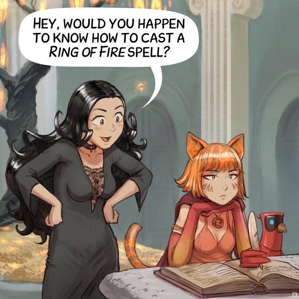 Panel 2. Cepper is now inside the faculty. She adopts a friendly pose and politely approaches a sorceress scholar halfing fox, red hair, she looks visibly bored or emotionally exhausted. Her AI Parrot writes in a grimoire for her; she barely glances at it.  
> Cepper: "Hey, would you happen to know how to cast a Ring of Fire spell? " 